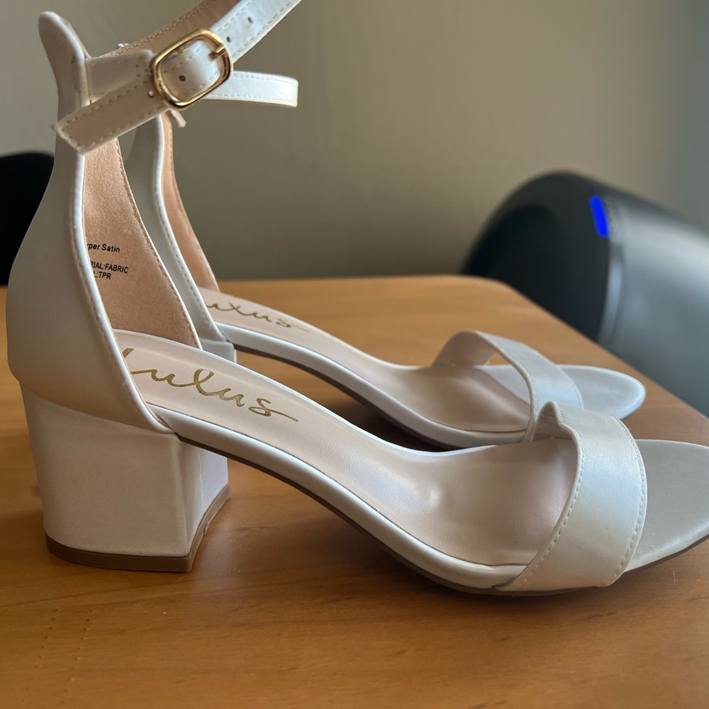 Lulu's White Heels with Ankle Strap and Satin Finish
